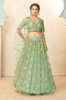 pleasant Light-green thread embroidery net semi stitched lehenga