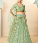 pleasant Light-green thread embroidery net Semi Stitched Lehenga