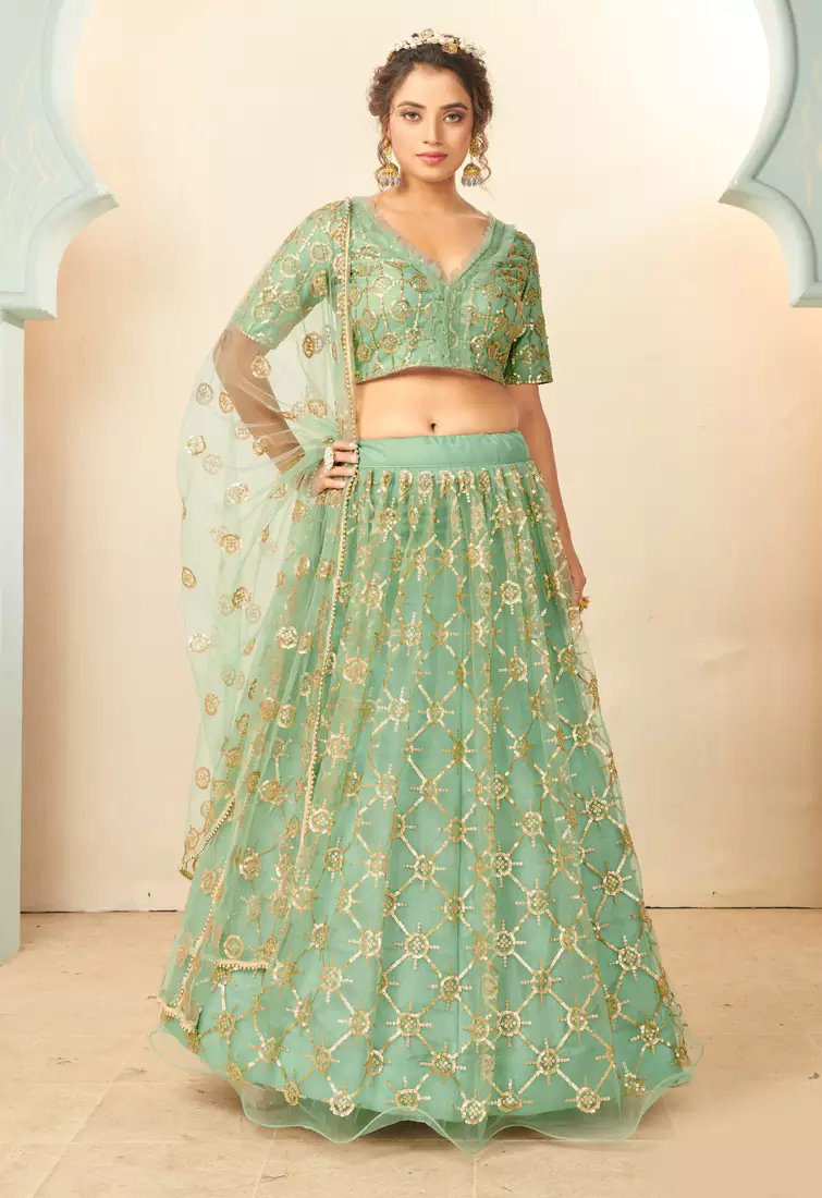 pleasant Light-green thread embroidery net semi stitched lehenga
