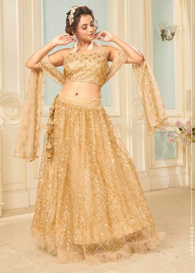winning Golden thread embroidery net semi stitched lehenga