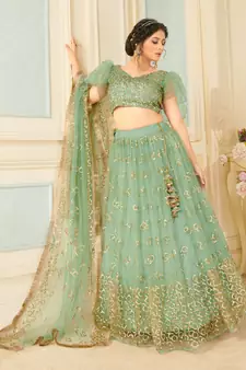 provocative Light-green thread embroidery net semi stitched lehenga