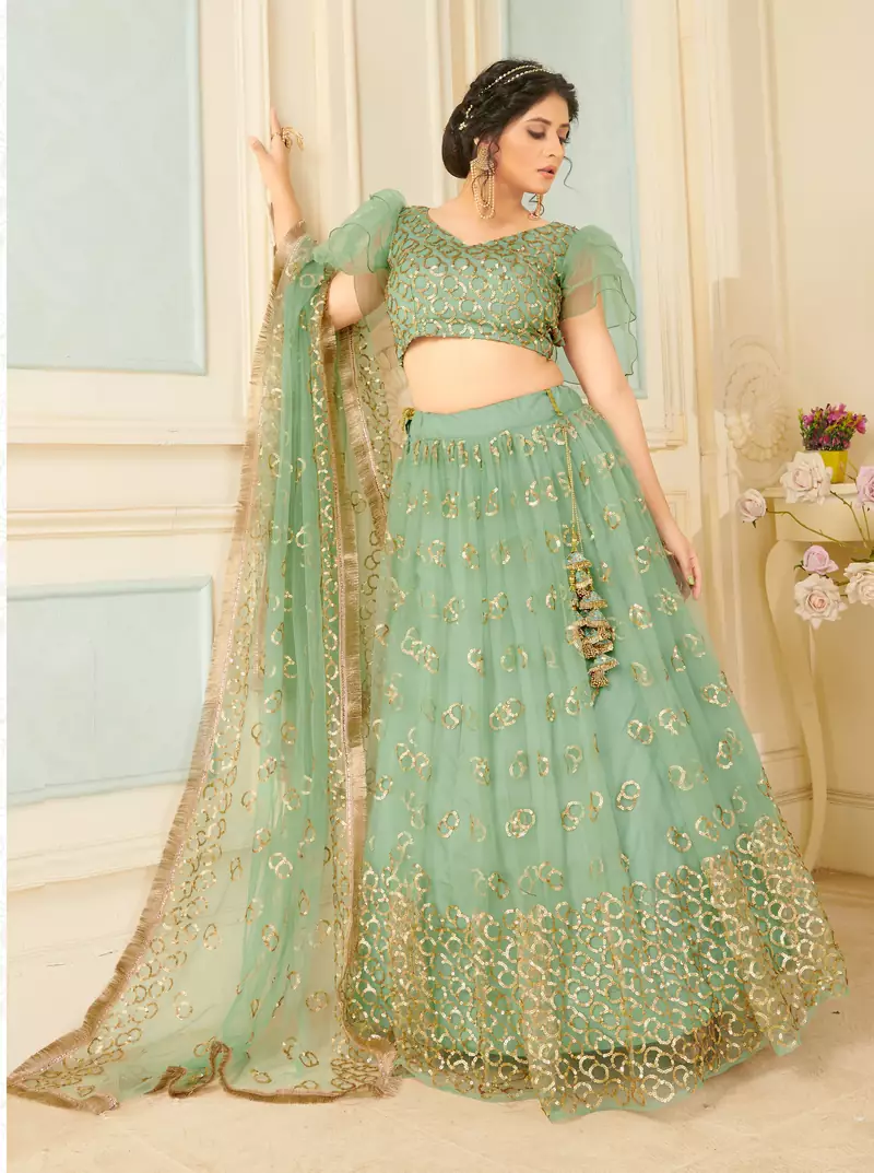 provocative Light-green thread embroidery net semi stitched lehenga