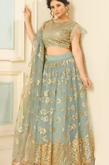 pleasing Light-grey thread embroidery net semi stitched lehenga