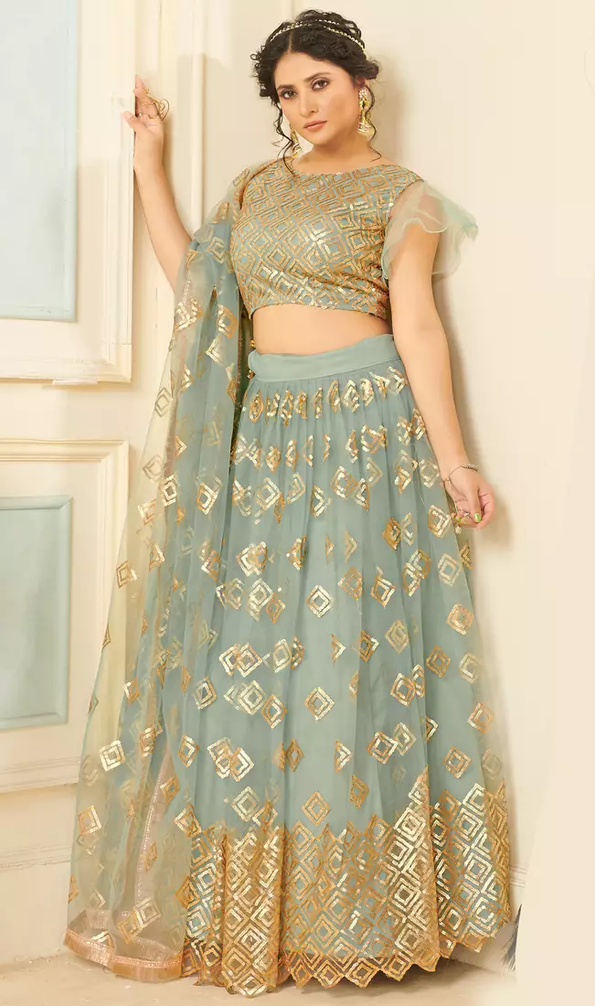 pleasing Light-grey thread embroidery net semi stitched lehenga