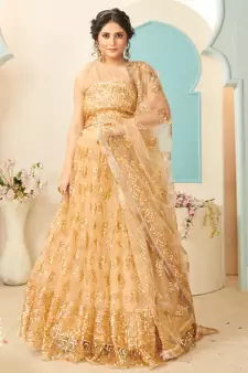 agreeable Golden thread embroidery net semi stitched lehenga