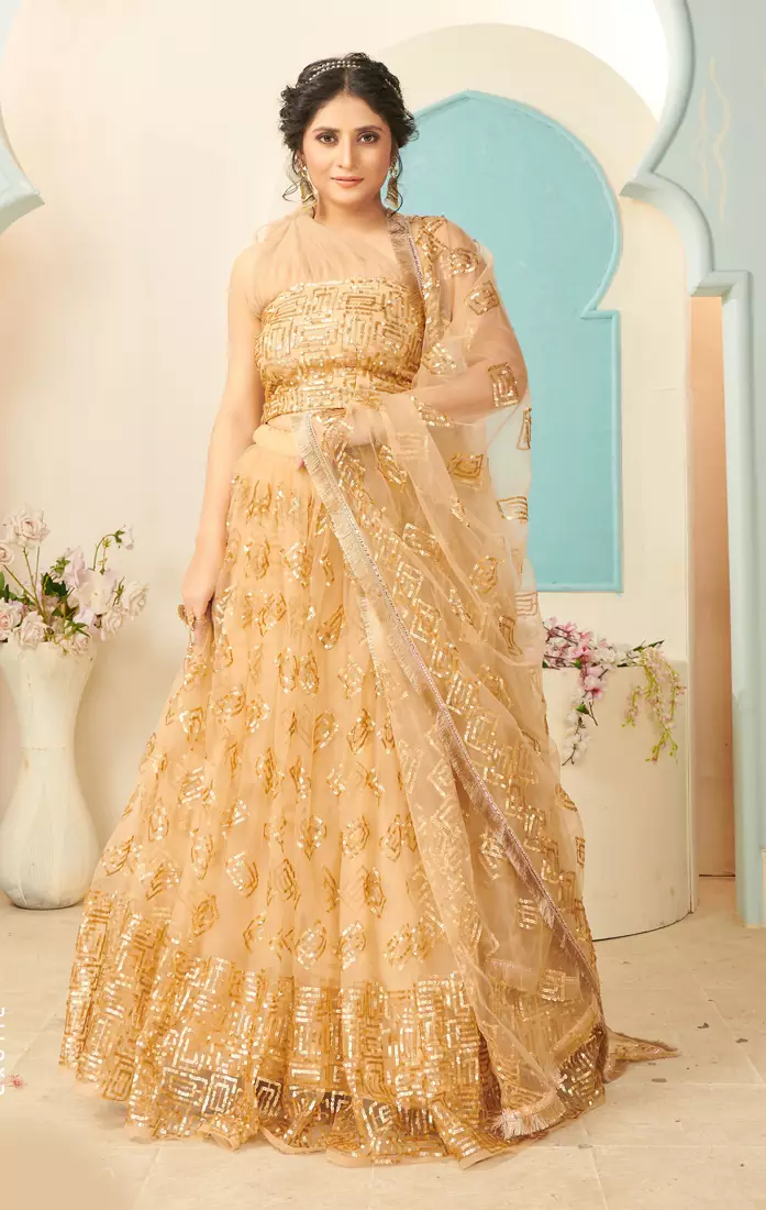 agreeable Golden thread embroidery net semi stitched lehenga