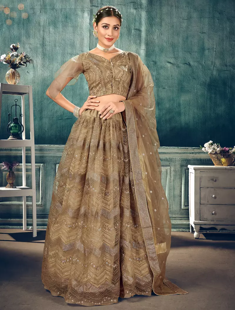 likable Brown thread embroidery net semi stitched lehenga