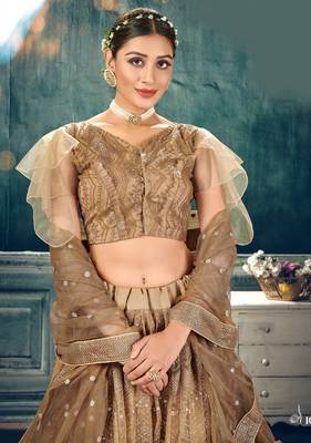 likable Brown thread embroidery net Semi Stitched Lehenga 2