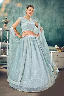lovely Light-blue thread embroidery net semi stitched lehenga