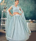lovely Light-blue thread embroidery net Semi Stitched Lehenga