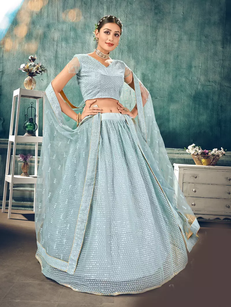 lovely Light-blue thread embroidery net semi stitched lehenga