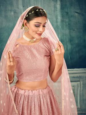 endearing Peach thread embroidery net Semi Stitched Lehenga 2
