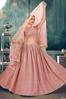 endearing Peach thread embroidery net semi stitched lehenga