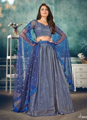 lovable Blue thread embroidery net Semi Stitched Lehenga 1