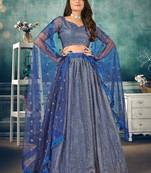 lovable Blue thread embroidery net Semi Stitched Lehenga