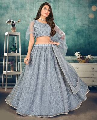 cute Light-grey thread embroidery net Semi Stitched Lehenga 1