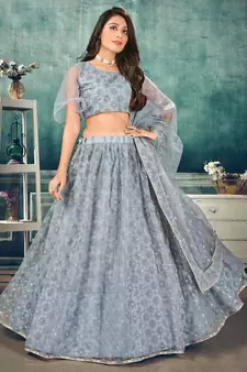 cute Light-grey thread embroidery net semi stitched lehenga
