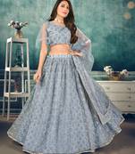 cute Light-grey thread embroidery net Semi Stitched Lehenga