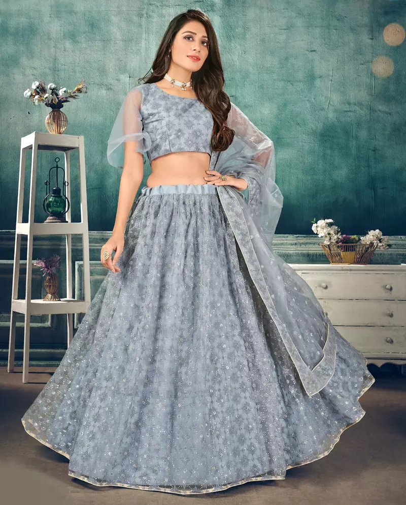 cute Light-grey thread embroidery net semi stitched lehenga