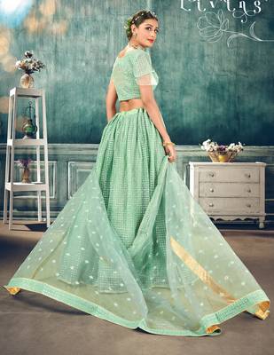 adorable Light-green thread embroidery net Semi Stitched Lehenga 2