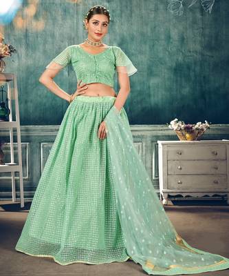 adorable Light-green thread embroidery net Semi Stitched Lehenga 1