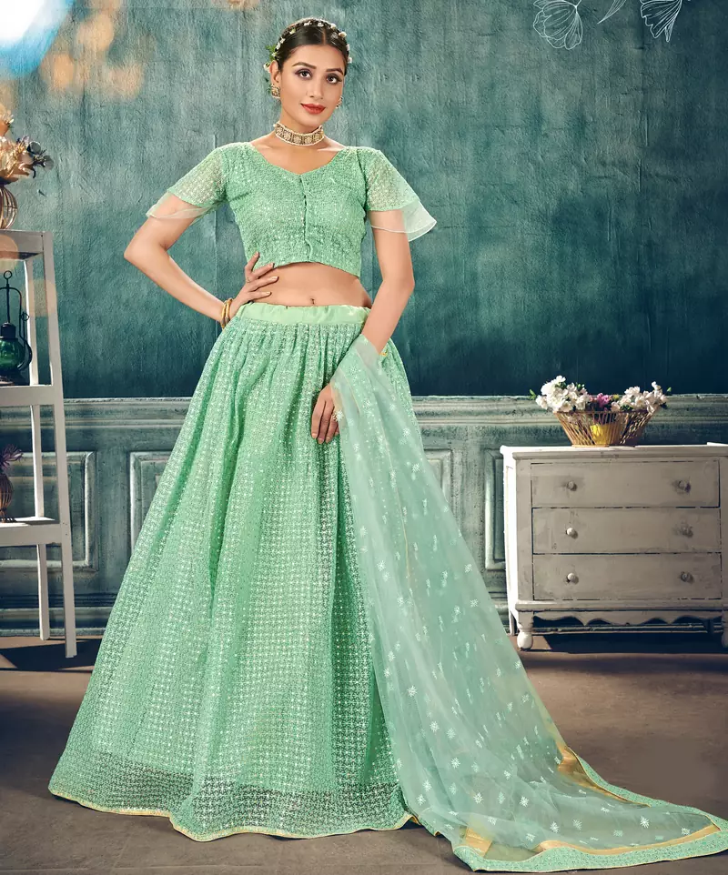 adorable Light-green thread embroidery net semi stitched lehenga