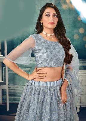 cute Light-grey thread embroidery net Semi Stitched Lehenga 2