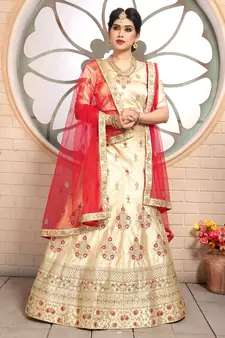 sweet Beige embroidered satin semi stitched lehenga
