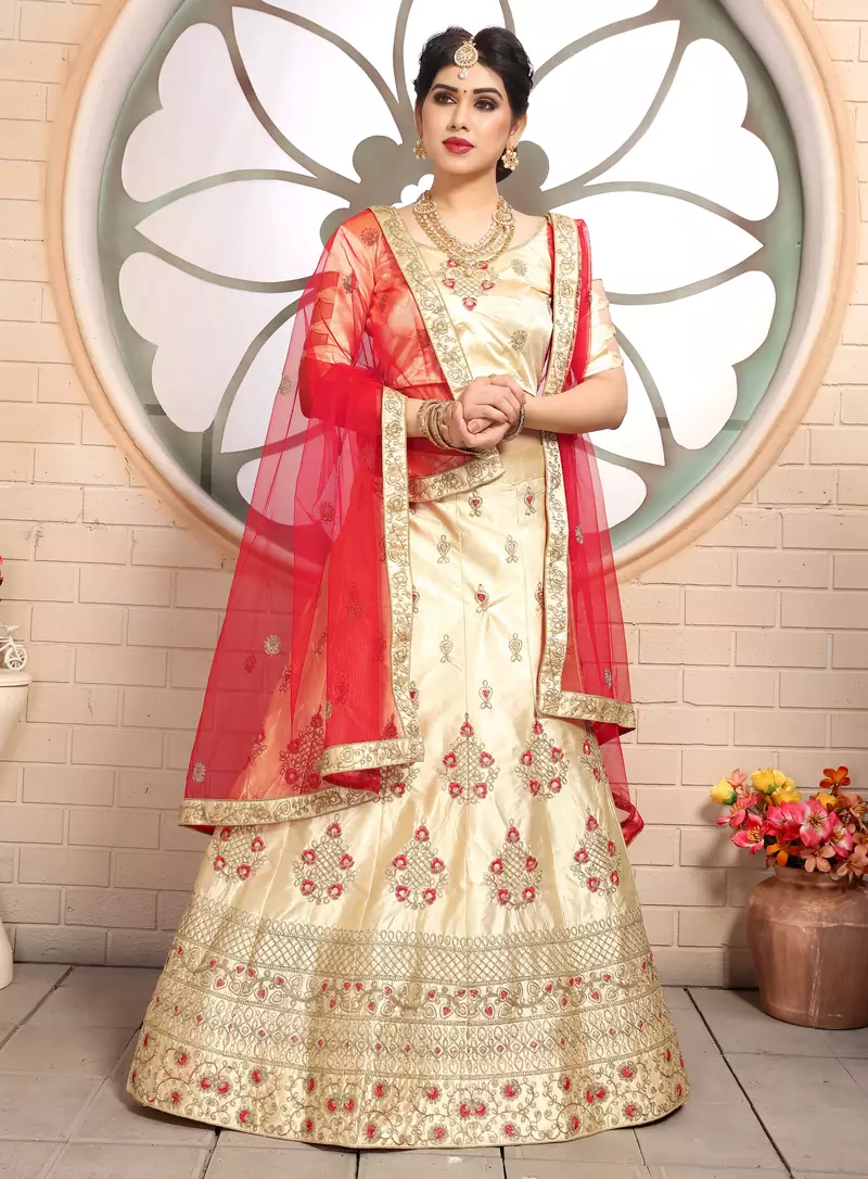sweet Beige embroidered satin semi stitched lehenga