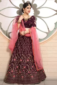 good-looking Wine embroidered satin semi stitched lehenga