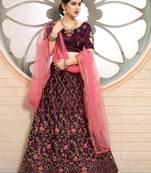 good-looking Wine embroidered satin Semi Stitched Lehenga