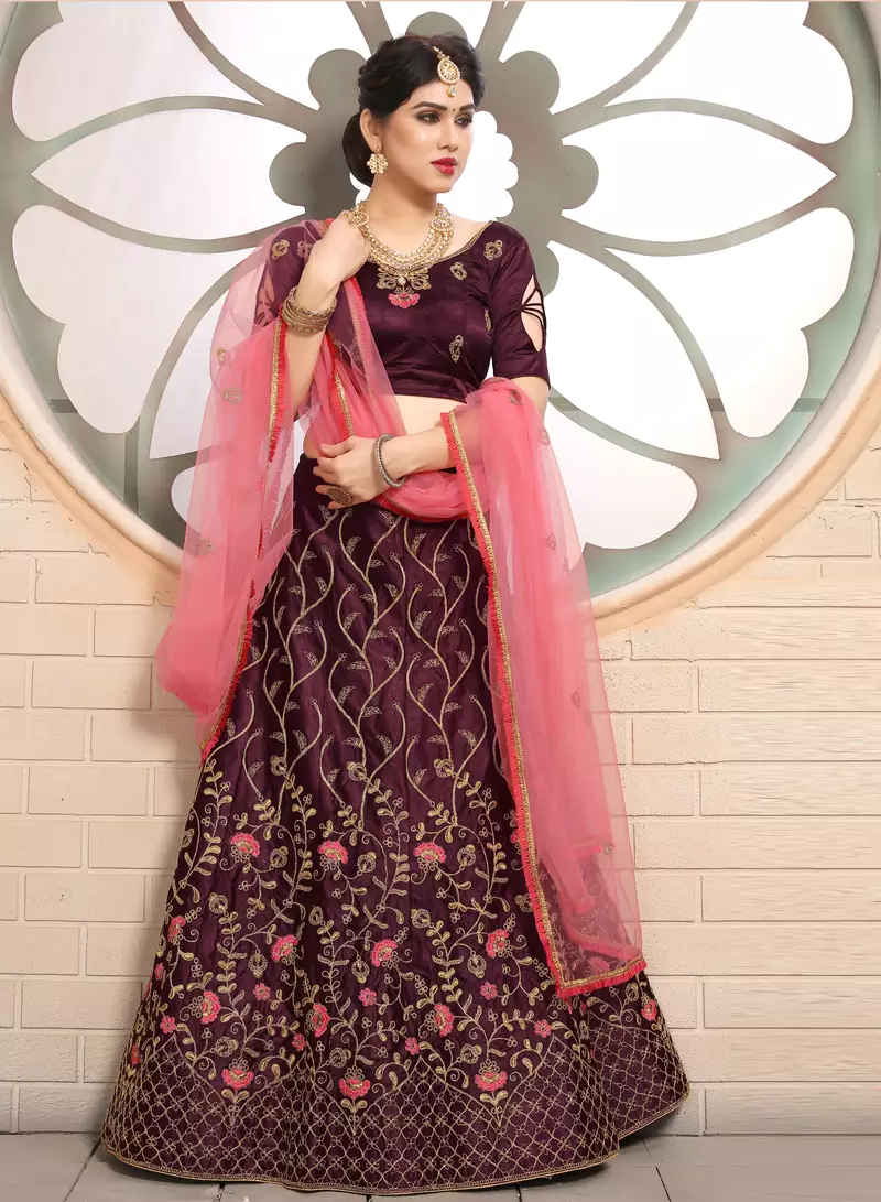 good-looking Wine embroidered satin semi stitched lehenga