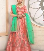 prepossessing Peach embroidered satin Semi Stitched Lehenga