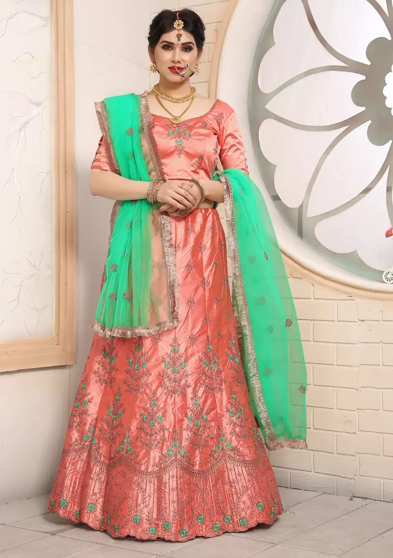 prepossessing Peach embroidered satin semi stitched lehenga