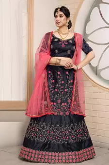 striking Navy-blue embroidered satin semi stitched lehenga
