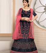 striking Navy-blue embroidered satin Semi Stitched Lehenga