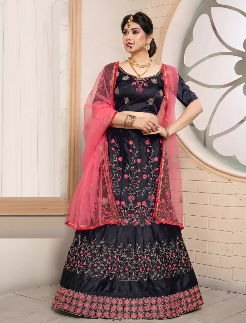 striking Navy-blue embroidered satin semi stitched lehenga