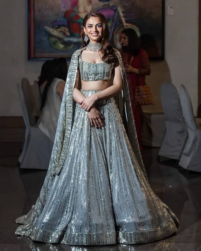 delectable Grey embroidered satin Semi Stitched Lehenga