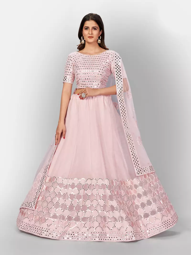 winsome Baby-pink thread embroidered with Foil Mirror and Cut Work organza semi stitched lehenga