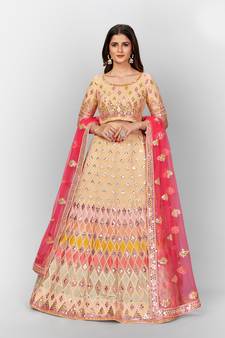 beguiling Beige thread embroidered with Foil Mirror and Cut Work Soft Tissue organza semi stitched lehenga