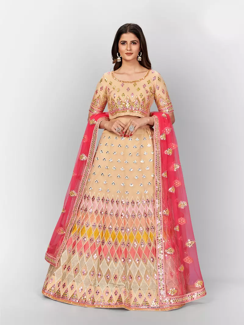 beguiling Beige thread embroidered with Foil Mirror and Cut Work Soft Tissue organza semi stitched lehenga