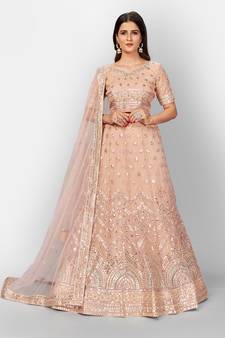 hypnotizing Peach thread embroidered with Foil Mirror Soft Tissue organza semi stitched lehenga