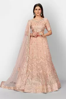 hypnotizing Peach thread embroidered with Foil Mirror Soft Tissue organza semi stitched lehenga