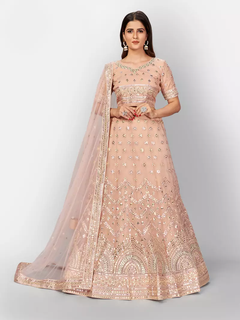 hypnotizing Peach thread embroidered with Foil Mirror Soft Tissue organza semi stitched lehenga