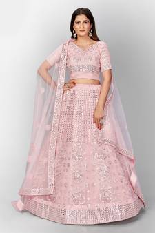 desirable Baby-pink thread embroidered with Foil Mirror Soft Tissue organza semi stitched lehenga
