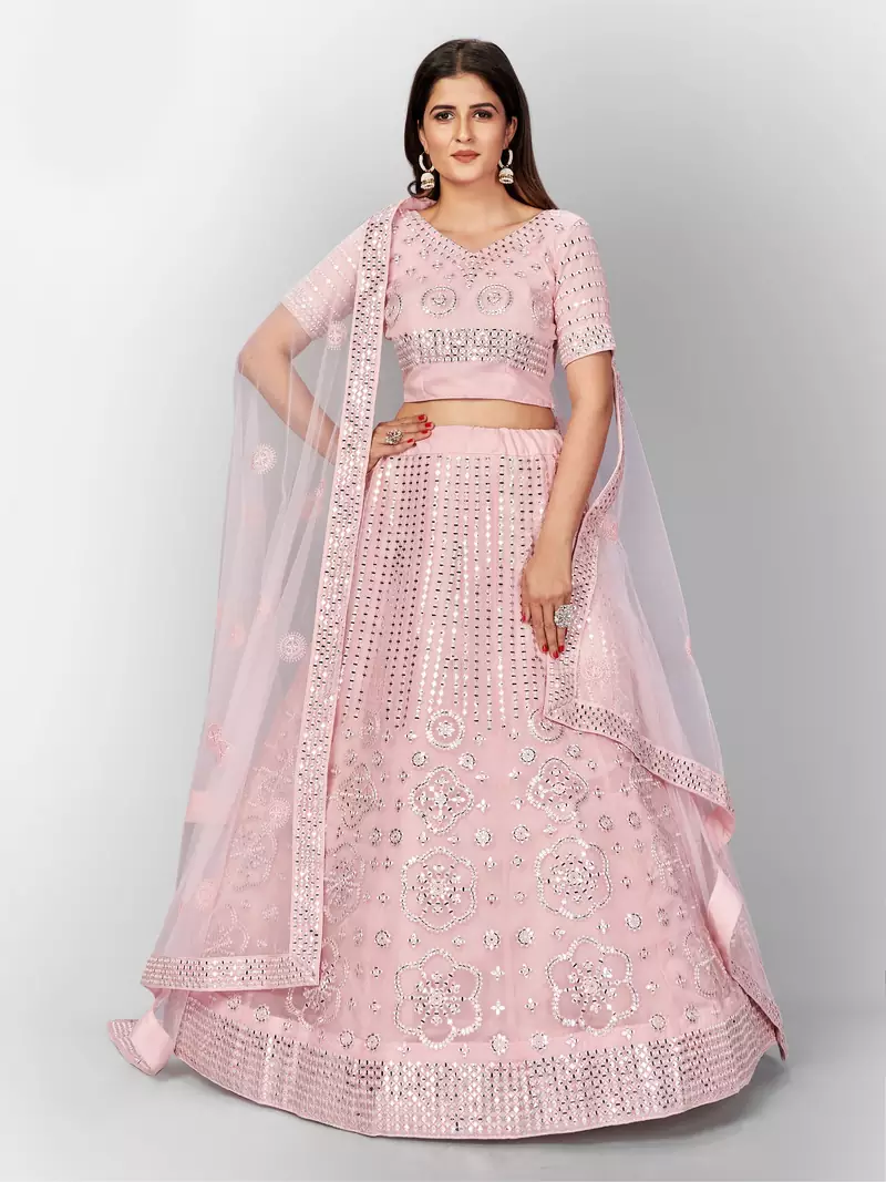 desirable Baby-pink thread embroidered with Foil Mirror Soft Tissue organza semi stitched lehenga
