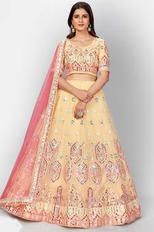 tempting Light-yellow thread embroidered with Foil Mirror Soft Tissue organza semi stitched lehenga