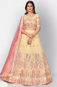 tempting Light-yellow thread embroidered with Foil Mirror Soft Tissue organza semi stitched lehenga