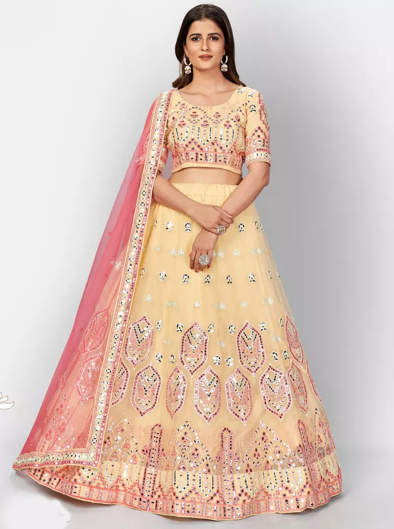tempting Light-yellow thread embroidered with Foil Mirror Soft Tissue organza semi stitched lehenga