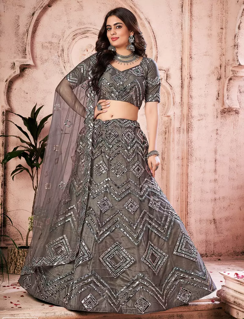 Spellbinding grey thread and sequins embroidered georgette fabric Lehenga choli for bride